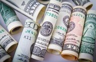 Close-up de notas de dólar americano enroladas e de diferentes valores.