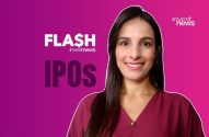 Apresentadora sorrindo em fundo degradê roxo/rosa com textos "FLASH investnews" e "IPOS".
