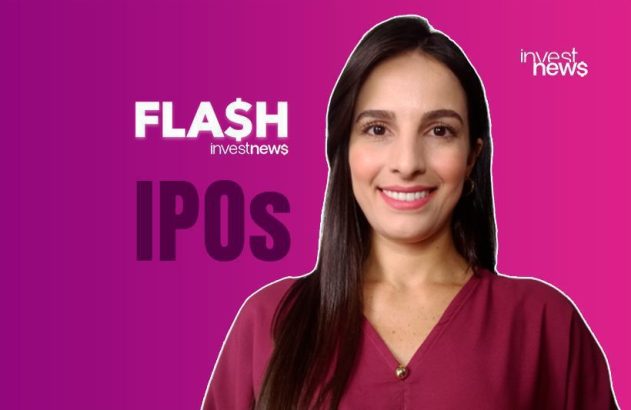 Apresentadora sorrindo em fundo degradê roxo/rosa com textos "FLASH investnews" e "IPOS".