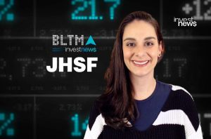 Mulher sorrindo em fundo financeiro com logos investnews, BLTMA, JHSF.