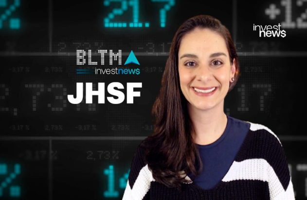 Mulher sorrindo em fundo financeiro com logos investnews, BLTMA, JHSF.