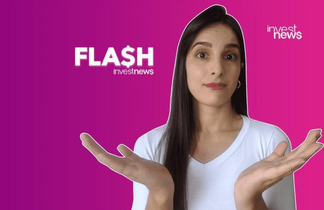 Mulher com expressão surpresa e mãos abertas em fundo roxo e rosa com logos 'FLASH' e 'investnews'.