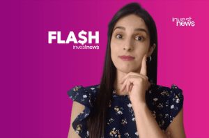 Mulher pensativa com o dedo no rosto e logo 'FLA$H investnews' em fundo roxo.