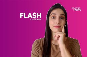 Mulher com expressão atenta e mão no queixo, em fundo roxo/rosa. Texto "FLASH investnews" e logo "investnews".