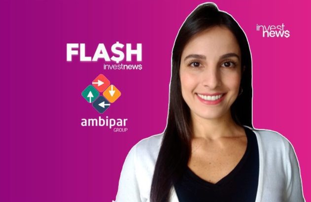 Apresentadora sorridente de 'FLASH investnews' e 'investnews' com logotipos 'ambipar Group' em fundo roxo.