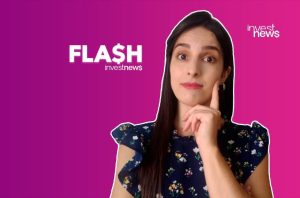 Mulher pensativa com a mão no queixo em fundo roxo. Logos FLASH investnews e investnews.