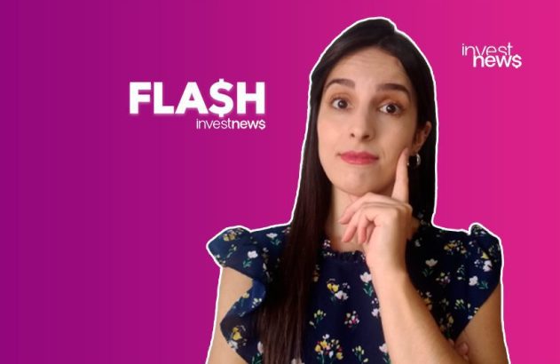 Mulher pensativa com a mão no queixo em fundo roxo. Logos FLASH investnews e investnews.