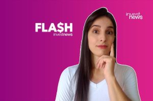 Mulher com a mão no queixo em fundo gradiente roxo e rosa, com os textos "FLASH investnews" e logo.
