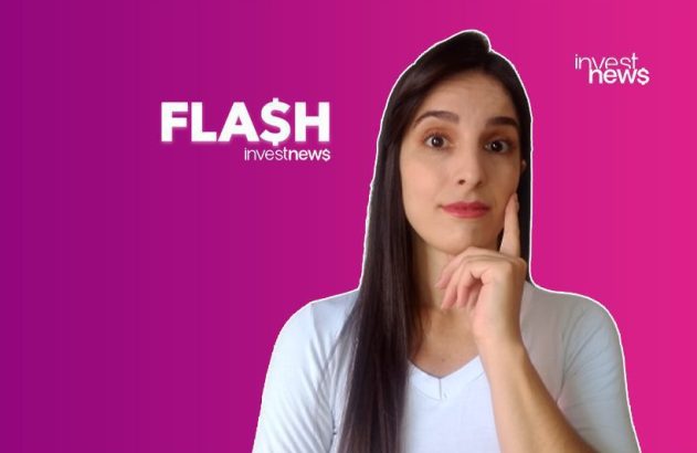 Mulher com a mão no queixo em fundo gradiente roxo e rosa, com os textos "FLASH investnews" e logo.