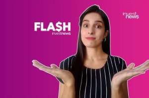 Mulher com mãos abertas e expressão de surpresa. Fundo degradê roxo-rosa com logos 'FLASH investnews'.