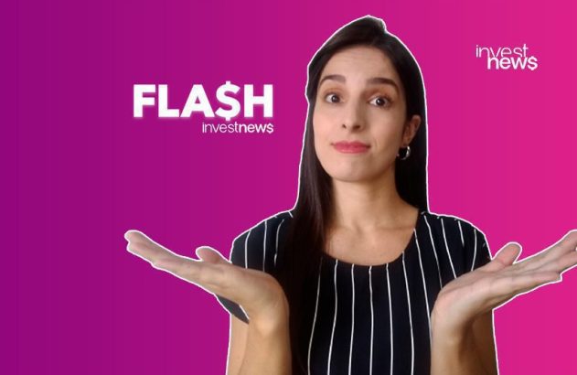 Mulher com mãos abertas e expressão de surpresa. Fundo degradê roxo-rosa com logos 'FLASH investnews'.