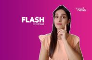 Mulher pensativa com logo 'FLASH investnews' e 'invest news' em fundo roxo e pink.