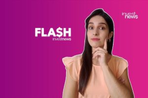 Mulher pensativa com logo 'FLASH investnews' e 'invest news' em fundo roxo e pink.