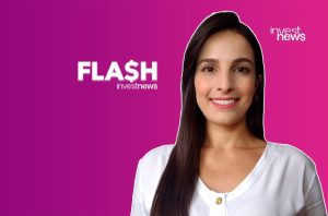 Mulher sorrindo em primeiro plano. Fundo degradê roxo e rosa. Logos: 'FLASH investnews' e 'invest news'.
