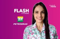 Apresentadora sorrindo em fundo roxo, com logos Petrobras e texto 'FLASH investnews'.