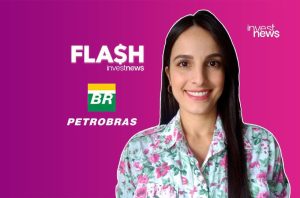 Apresentadora sorrindo em fundo roxo, com logos Petrobras e texto 'FLASH investnews'.