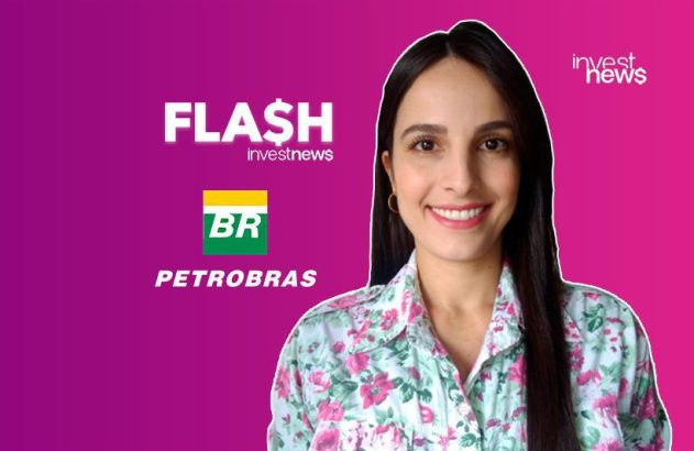 Apresentadora sorrindo em fundo roxo, com logos Petrobras e texto 'FLASH investnews'.