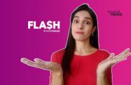 Mulher com as mãos abertas e expressão surpresa. Fundo roxo com os textos "FLA$H investnews" e "investnews".