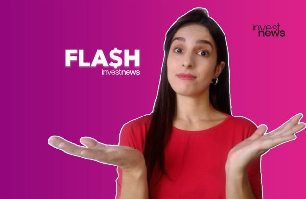 Mulher com as mãos abertas e expressão surpresa. Fundo roxo com os textos "FLA$H investnews" e "investnews".