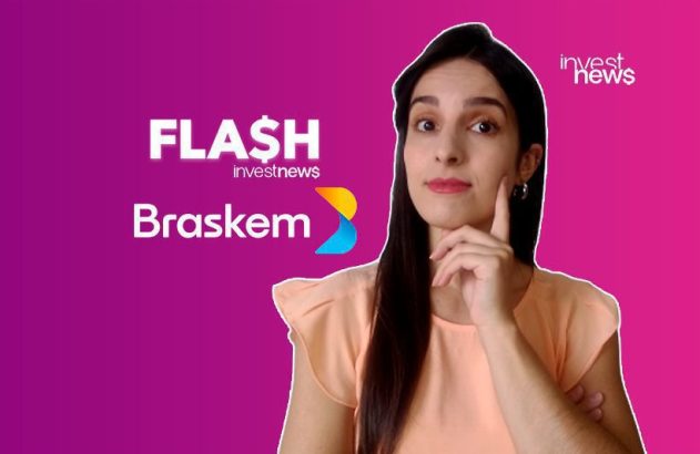 Mulher com mão no queixo. Textos 'FLASH investnews Braskem' e logo Braskem em fundo roxo. Logo InvestNews.