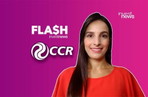 Mulher sorridente com logos "FLASH investnews" e "CCR" em fundo gradiente roxo.