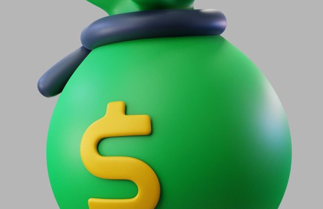 Um saco de dinheiro 3D verde com cifrão amarelo na frente, amarrado no topo por uma fita escura. Fundo liso cinza.