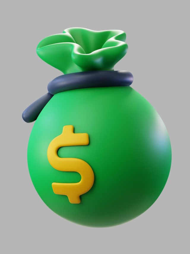 Um saco de dinheiro 3D verde com cifrão amarelo na frente, amarrado no topo por uma fita escura. Fundo liso cinza.