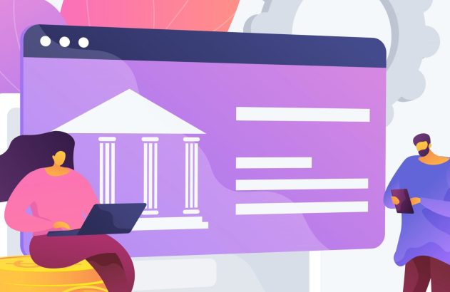 Ilustração de pessoas interagindo com banco digital: mulher com laptop sentada em moedas, homem com tablet.