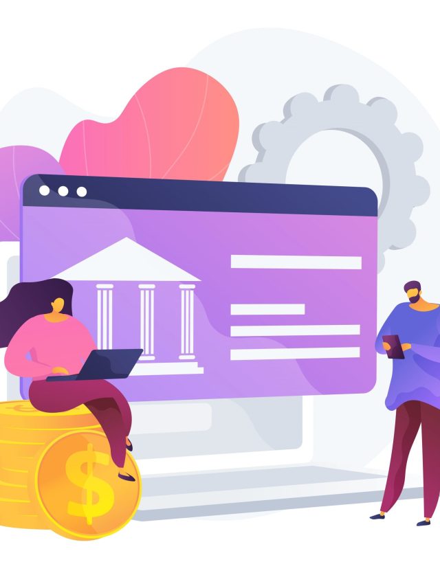 Ilustração de pessoas interagindo com banco digital: mulher com laptop sentada em moedas, homem com tablet.