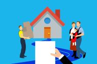 Ilustração: Carregador e família com bebê se mudam para casa, com caixas e documento.