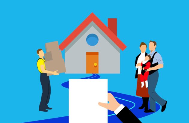 Ilustração: Carregador e família com bebê se mudam para casa, com caixas e documento.