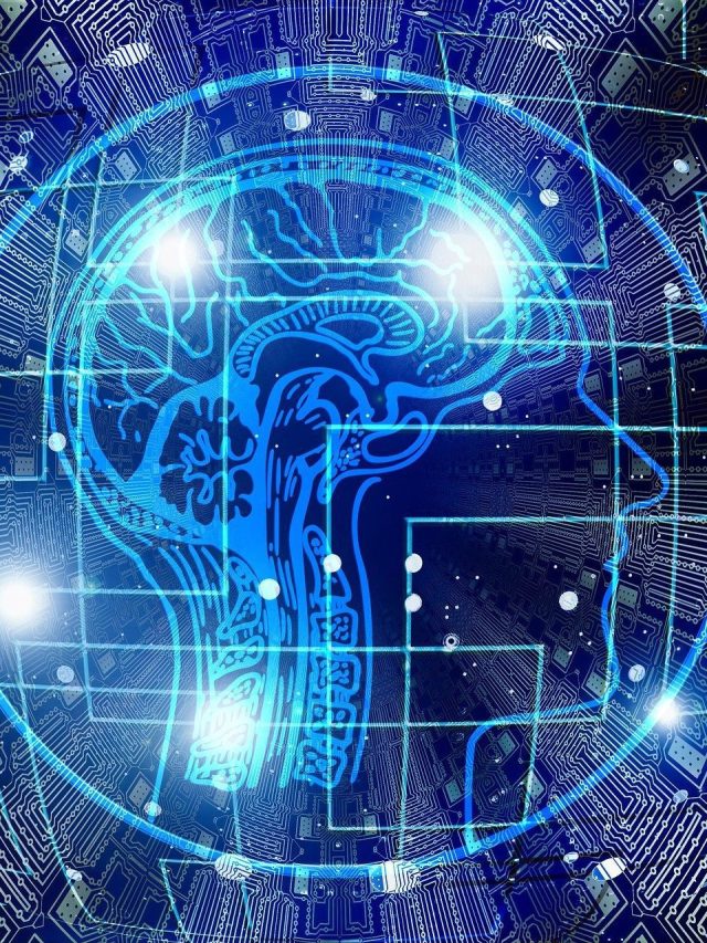 Perfil de cabeça humana em azul, com cérebro formado por circuitos digitais.