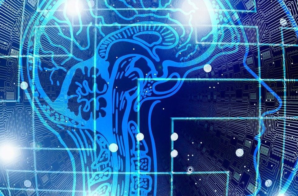 Perfil de cabeça humana em azul, com cérebro formado por circuitos digitais.