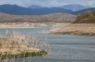 Lago com nível de água baixo, com árvores secas emergindo e solo exposto. Montanhas ao fundo.