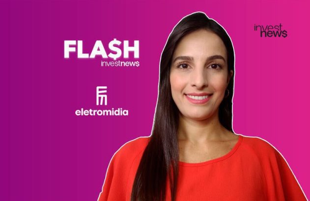 Mulher sorrindo, com textos "FLASH investnews" e "eletromidia". Fundo roxo e logo "investnews" no canto.