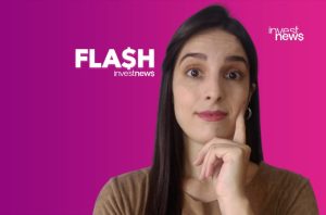 Mulher com a mão no queixo e olhar pensativo, contra um fundo roxo. Logos "FLASH investnews" e "investnews" no layout.