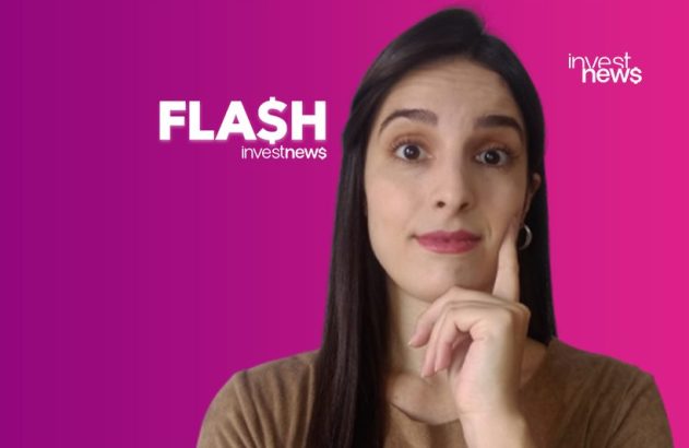 Mulher com a mão no queixo e olhar pensativo, contra um fundo roxo. Logos "FLASH investnews" e "investnews" no layout.