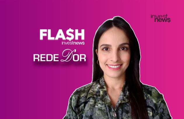 Apresentadora sorrindo em gráfico roxo com "FLASH investnews" e "REDE D'OR".