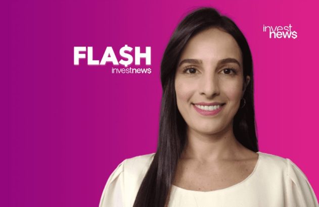Mulher sorridente com logos "FLASH investnews" e "investnews" em fundo degradê roxo.