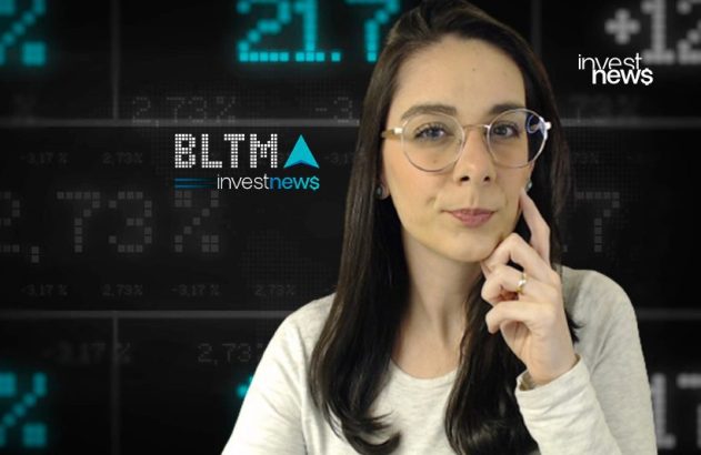 Mulher de óculos, mão no queixo, com fundo digital exibindo dados financeiros e logos Investnews e BLTMA.