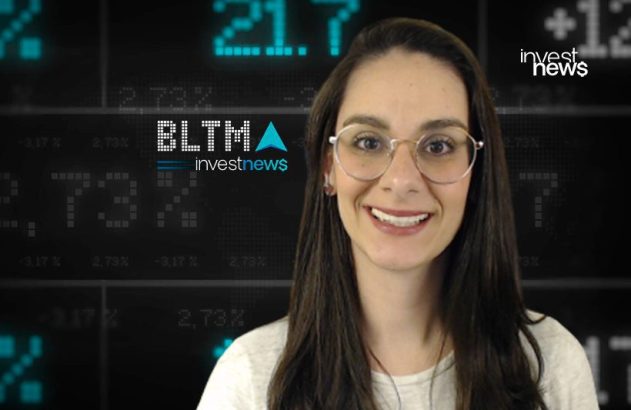 Apresentadora sorridente, de óculos, em estúdio com dados financeiros e logo 'investnews'.