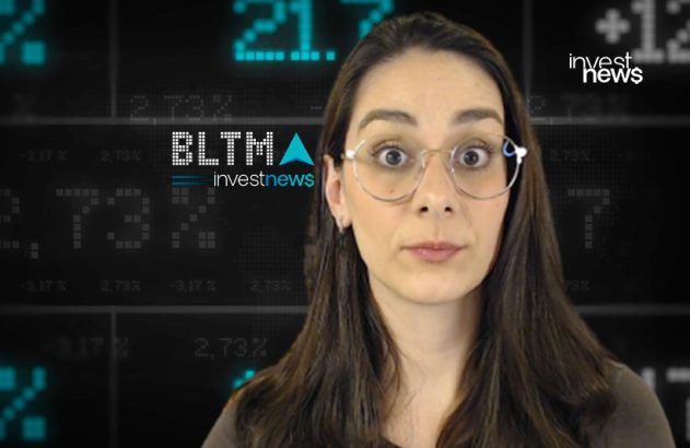 Apresentadora com óculos e expressão atenta, diante de tela com dados do mercado financeiro e logos 'investnews'.