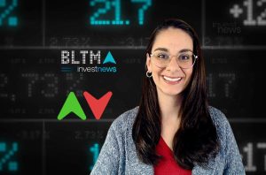 Mulher sorrindo, fundo com dados financeiros. Logos investnews e setas de mercado (alta e baixa).