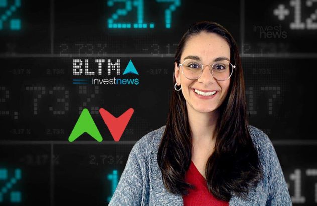 Mulher sorrindo, fundo com dados financeiros. Logos investnews e setas de mercado (alta e baixa).