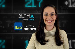 Mulher sorridente com óculos, em frente a painel financeiro digital e logos de Itaú, Ambev, Investnews.