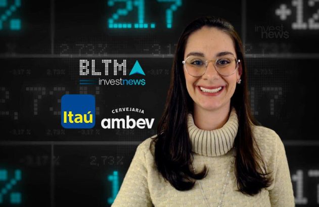 Mulher sorridente com óculos, em frente a painel financeiro digital e logos de Itaú, Ambev, Investnews.
