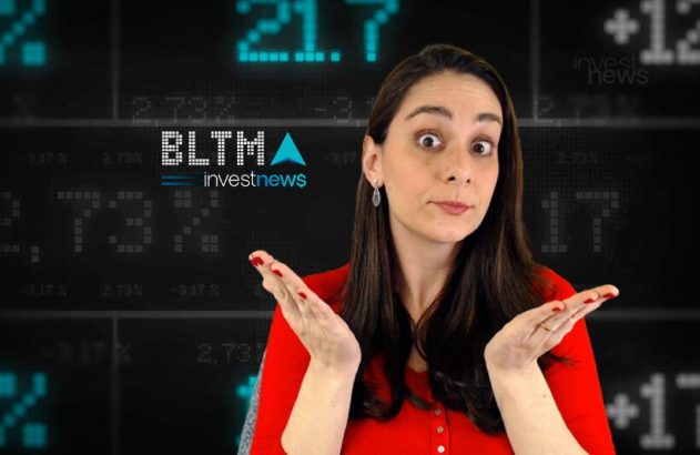 Mulher com expressão de dúvida e mãos abertas em frente a uma tela digital com dados financeiros e logotipos "investnews".