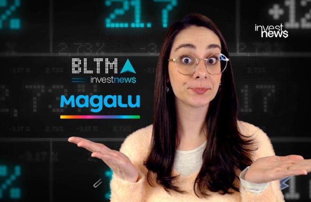 Mulher de óculos surpresa gesticula. Fundo com dados financeiros e logos InvestNews, BLTMA e Magalu.