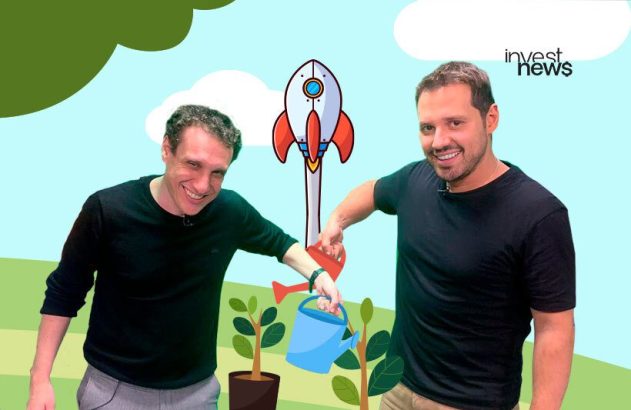 Dois homens sorrindo regam mudas, com um foguete e paisagem cartoon no fundo. Logo 'invest news'.