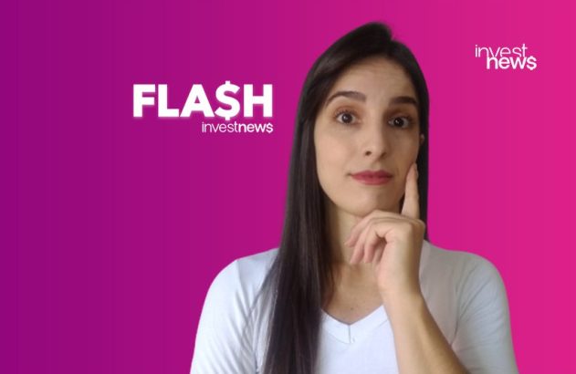 Mulher pensativa, mão no queixo, em fundo roxo com logotipo 'FLASH investnews'.